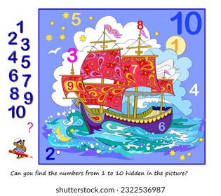 Logic puzzle game. Math education for young children. Can you find the numbers from 1 to 10 hidden in the picture? Developing counting skills. IQ test. Play online. Printable worksheet for kids.