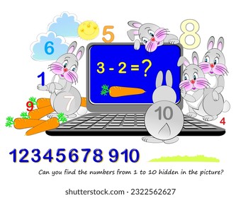 Logic puzzle game. Math education for young children. Can you find the numbers from 1 to 10 hidden in the picture? Developing counting skills. IQ test. Play online. Printable worksheet for kids.