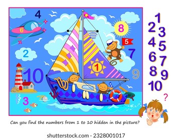 Juego de rompecabezas lógico. Educación matemática para niños pequeños. ¿Puedes encontrar los números del 1 al 10 ocultos en la imagen? Desarrollando habilidades de conteo. Prueba de CI. Juega en línea. Hoja de cálculo imprimible para niños.