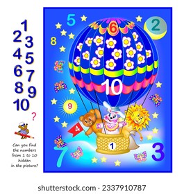 Juego de rompecabezas lógico. Educación matemática para niños pequeños. ¿Puedes encontrar los números del 1 al 10 ocultos en la imagen? Desarrollando habilidades de conteo. Prueba de CI. Juega en línea. Hoja de cálculo imprimible para niños.