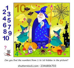 Logic puzzle game. Math education for young children. Can you find the numbers from 1 to 10 hidden in the picture? Developing counting skills. IQ test. Play online. Printable worksheet for kids.