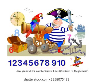 Logic puzzle game. Math education for young children. Can you find the numbers from 1 to 10 hidden in the picture? Developing counting skills. IQ test. Play online. Printable worksheet for kids.