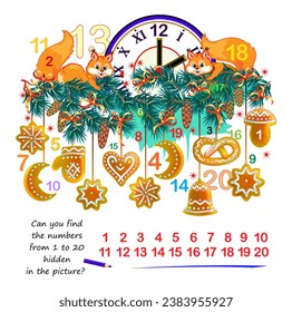 Logic puzzle game. Math education for young children. Can you find the numbers from 1 to 20 hidden in the picture? Developing counting skills. IQ test. Play online. Printable worksheet for kids.