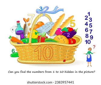 Juego de rompecabezas lógico. Educación matemática para niños pequeños. ¿Puedes encontrar los números del 1 al 10 ocultos en la imagen? Desarrollando habilidades de conteo. Prueba de CI. Juega en línea. Hoja de cálculo imprimible para niños.