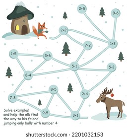 Logic puzzle game with maze for kids. Solve examples and help the elk find the way to his friend by jumping only on the snowballs with number 4. Math education for children. Winter, Christmas, Fox