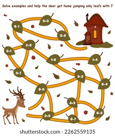 Logic Puzzle Spiel mit Labyrinth für Kinder. Lösen Sie Beispiele und helfen Sie dem Hirsch den Weg zu seinem Haus, indem Sie nur auf den Blättern mit Nummer 7 springen. Mathematikunterricht für Kinder. 