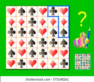 Logic puzzle game. Need to draw the lines so that every figure will have four different signs of card suits. Vector cartoon image.