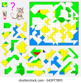 Logic puzzle game. Need to find the correct place for each detail and paint them in corresponding colors. Vector cartoon image.