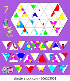 Logic puzzle game. Need to find the correct place for each triangle and to draw them in empty places. Vector  cartoon image.