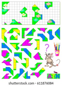 Logic puzzle game. Need to find the correct place for each detail and paint them in corresponding colors. Vector cartoon image.