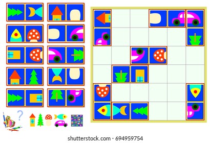 Logic puzzle game. Need to find the correct place for each piece. Vector cartoon image.