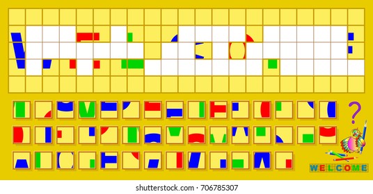 Logic puzzle game. Need to find the correct place for each tile and read the word on the floor. Vector cartoon image.