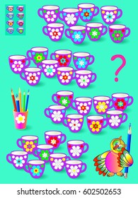 Logic puzzle game. Need to paint white places so the all cup sets will be identical. Worksheet for coloring. Vector cartoon image.