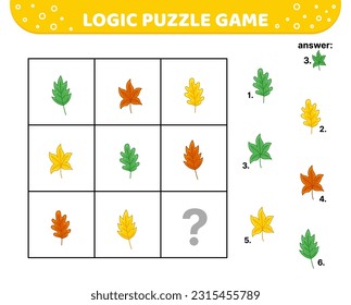 Logic puzzle game. Oak and maple leaves. For kids. Cartoon, flat, vector, eps 10