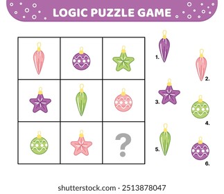 Logic puzzle game. Ornament. Christmas ornaments. For kids. Cartoon, vector, eps 10