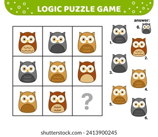 Logic puzzle game with owls. Squishmallow. For kids. Cartoon, kawaii, vector eps 10