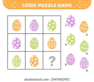 Logic puzzle game. Polka dots Easter eggs. For kids. Cartoon, vector, eps 10