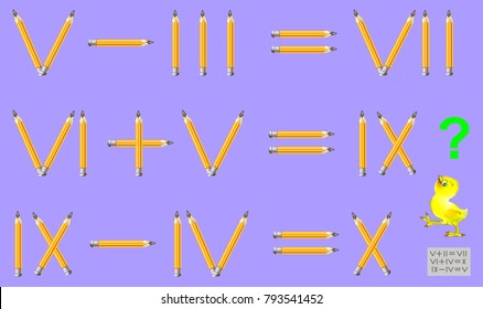 Logic puzzle game with Roman numerals. In each task move 1 pencil to make the equations correct. Vector image.