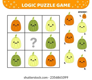 Logic puzzle game. Scary pumpkin. Halloween. For kids. Squishmallow. Cartoon, flat, vector, eps 10, kawaii