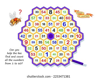 Juego de rompecabezas lógico para los más inteligentes. ¿Puedes ayudar a la abeja a encontrar y contar todos los números del 1 al 60? Tarea de atención. Página educativa para niños libro de iniciación cerebral. Desarrollando habilidades de conteo.