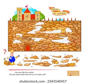 Logik-Puzzle-Spiel für intelligenteste. Kannst du dem Arbeiter helfen, die Steinblöcke zu finden, die aus der Schlossmauer gefallen sind? Seite für Kinder Gehirn Teaser Buch. Entwicklung des räumlichen Denkens. Flaches Cartoon-Vektorbild.