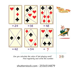 Logic puzzle game for smartest. Can you calculate the value of last playing card? Find regularity and write the number. Brain teaser book for children and adults. IQ test. Vector illustration.