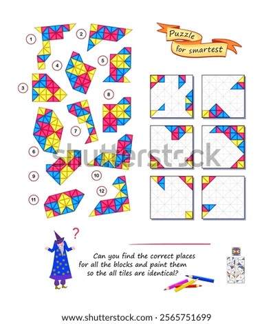 Logic puzzle game for smartest. Can you find correct places for all blocks and paint them so the all tiles are identical? Coloring book. Brain teaser book. Developing spatial thinking. Vector image.