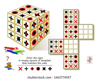 Logic puzzle game for smartest. Draw the signs in empty squares of template that matches the cube. Printable page for brain teaser book. Developing spatial thinking skills. Vector cartoon image.