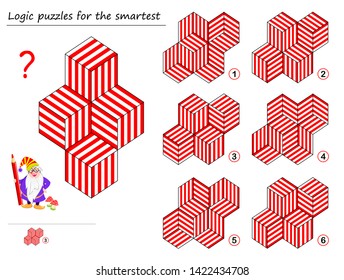 Logic puzzle game for smartest. Find template which corresponds to geometric figure. Printable page for brainteaser book. Developing spatial thinking. Vector cartoon image.