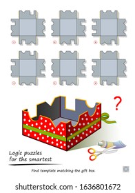 Logic puzzle game for smartest. Find template matching the gift box. Printable page for kids brain teaser book. Developing children and adults spatial thinking skills. IQ training test. Vector image.