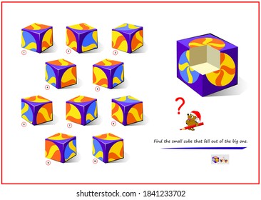 Logic puzzle game for smartest. Find the small cube that fell out of the big one. Printable page for brain teaser book. Developing 3D spatial thinking skills. IQ test. Memory training for seniors.