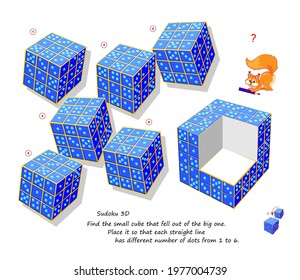 Logic puzzle game for smartest. Find the small cube that fell out of the big one. Place it so that each straight line has different number of dots from 1 to 6. Sudoku 3D. Developing spatial thinking.