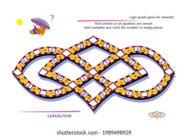 Logic puzzle game for smartest. Find solution so all equations are correct. Solve examples and write the numbers in empty places. Mathematical maze. Brain teaser book. Memory training for seniors.