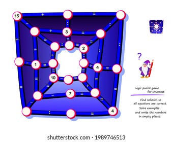 Logic puzzle game for smartest. Find solution so all equations are correct. Solve examples and write the numbers in empty circles. Mathematical maze. Brain teaser book. Memory training for seniors.