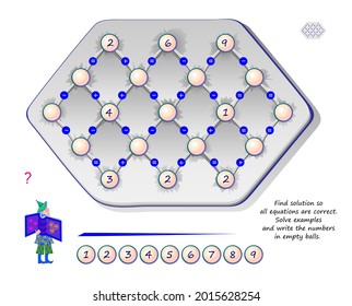 Logic puzzle game for smartest. Find solution so all equations are correct. Solve examples and write the numbers in empty balls. Mathematical maze. Brain teaser book. Memory training for seniors.