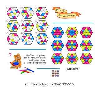 Logic puzzle game for smartest. Find correct places for all hexagon blocks. Paint them according to patterns. Coloring book. Page for kids brain teaser book. Developing spatial thinking. Vector image