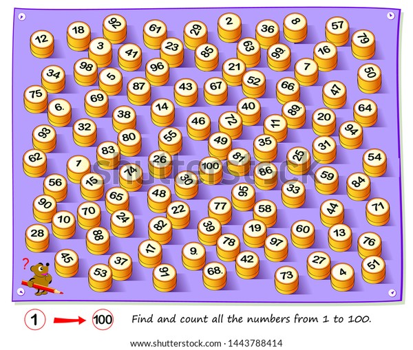 最も賢い論理パズルゲーム 1 100のすべての数値を検索してカウントします 注意のタスクです ブレインティーザーブックの印刷可能なページ 空間思考力や数え方の能力を育てる のベクター画像素材 ロイヤリティフリー