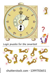 Logic puzzle game for smartest. Help the wizard find the correct key to start the antique clock. Printable page for brainteaser book. Developing spatial thinking. Vector cartoon image.