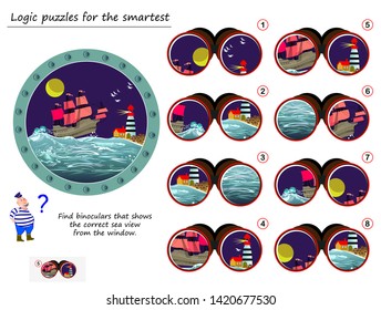 Logic puzzle game for smartest. Help the sailor. Find binoculars that shows the correct sea view from the window. Printable page for brainteaser book. Developing spatial thinking.