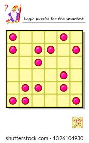 Logic puzzle game for the smartest. Move 4 round pieces so to get 1 horizontal, 1 vertical and 2 diagonal lines with 5 points in each. Printable page for brainteaser book. Vector image.
