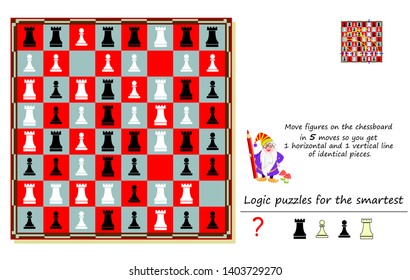 Logic puzzle game for smartest. Move figures on chessboard in 5 moves so you get 1 horizontal and 1 vertical line of identical pieces. Printable page for brainteaser book. Developing spatial thinking.