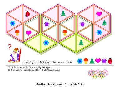 Logic puzzle game for the smartest. Need to draw objects in empty triangles so that every hexagon contains 6 different signs. Printable page for brainteaser book. Developing spatial thinking.