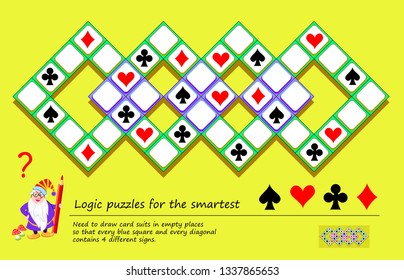 Logic puzzle game for smartest. Need to draw card suits in empty places so that every square and diagonal contains 4 different signs. Printable page for brainteaser book. Developing spatial thinking.