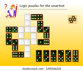 Logic puzzle game for smartest. Need to find places for remaining dominoes and draw them correctly. Printable page for brainteaser book. Developing spatial thinking. Vector image.