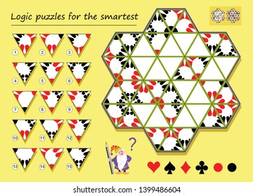 Logic puzzle game for smartest. Need to find the correct places for remaining triangles and draw them. Printable page for brainteaser book. Developing spatial thinking. Vector cartoon image.