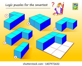 Logic puzzle game for smartest. Need to find which of geometrical figures need to use to complete empty places. Printable page for brainteaser book. Developing spatial thinking. Vector cartoon image.