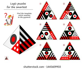 Logic puzzle game for smartest. Need to find the template which matches to the pyramid. Printable page for brainteaser book. Developing spatial thinking. Vector cartoon image.