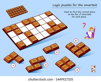 Logic puzzle game for smartest. Need to find the correct place at the bar of chocolate for each piece. Printable page for brainteaser book. Developing spatial thinking. Vector cartoon image.