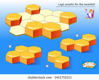 Logic puzzle game for smartest. Need to find correct place at the honeycomb for each of geometrical figures to complete empty places. Printable page for brainteaser book. Developing spatial thinking.