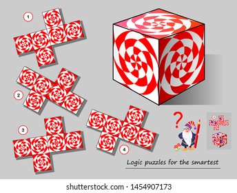 Logic puzzle game for smartest. Need to find the template which matches to the cube. Printable page for brainteaser book. Developing spatial thinking. Vector cartoon image.